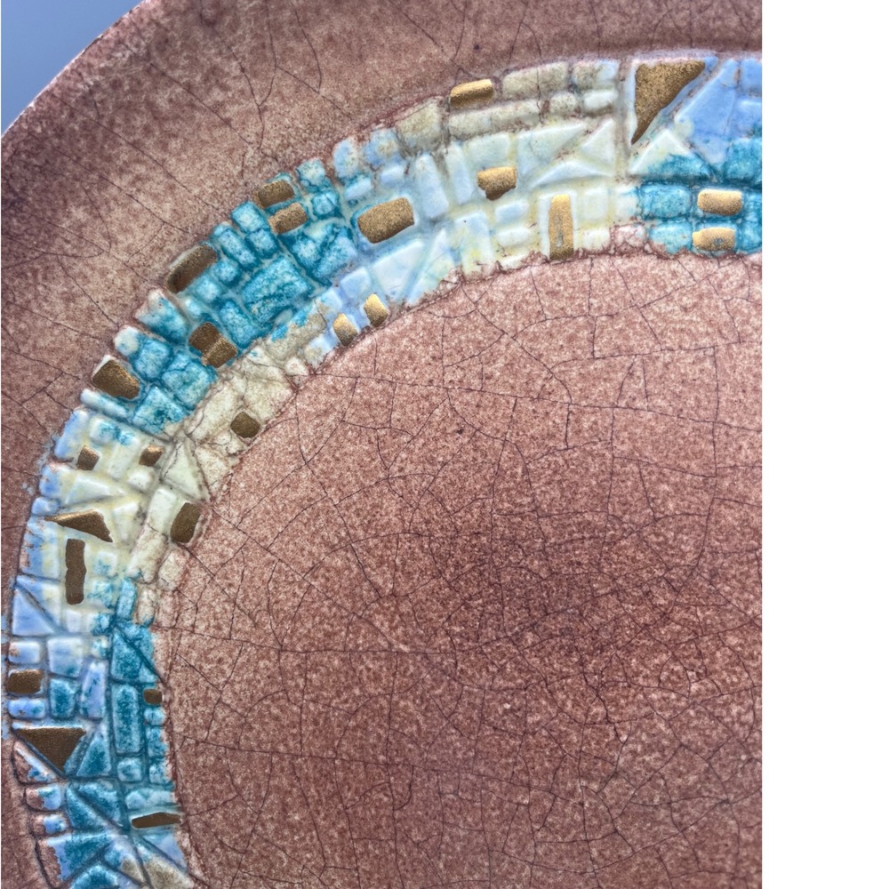Vtg Mid Century Sascha Brastoff MCM crackle Mosaic Plate Sascha B Teal w gilt M9 - Picture 4 of 6